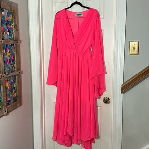 MEGHAN Los Angeles Hot Pink Maxi Goddess V Neck Batwing Sleeves Vacay Pullover L